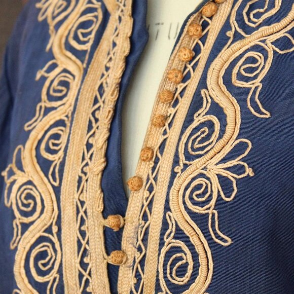 Vintage Moroccan Caftan, Blue and Gold Tunic or Dress, Traditional Middle Easter - Picture 8 of 10